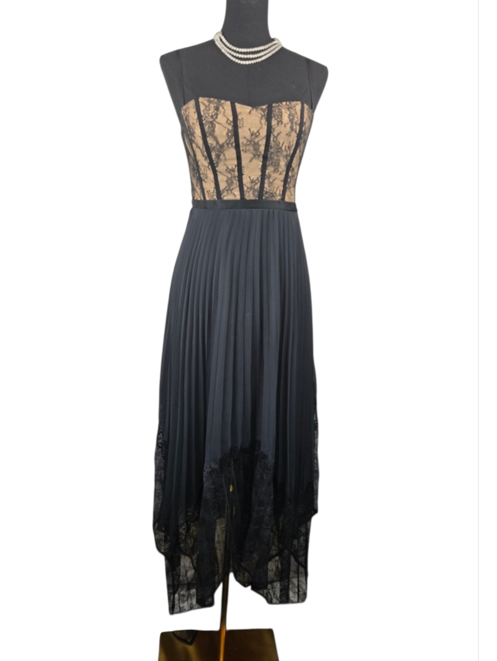 Black Lace-Trim Midi Dress with Handkerchief Hem - Picture 13 of 14